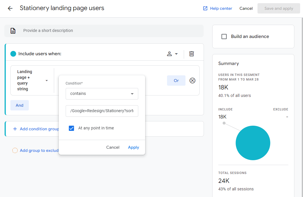 Landing page filter - Google Analytics segment builder