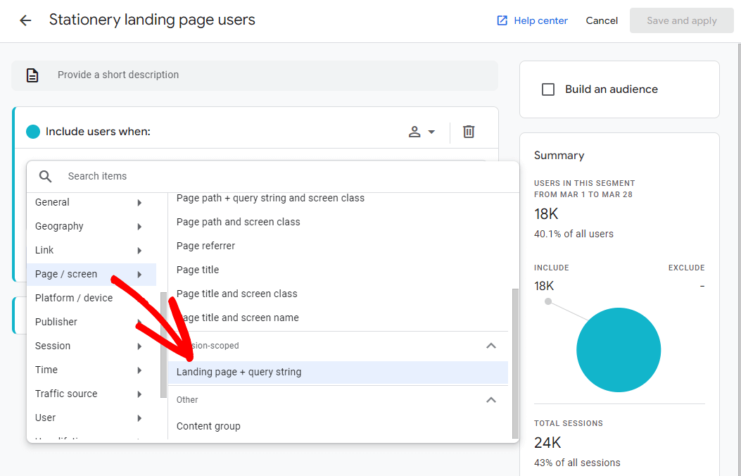 Google Analytics Segments - landing page condition