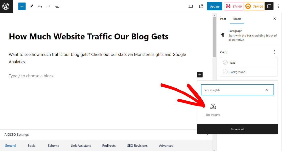 Search for and add the MonsterInsights site insights block