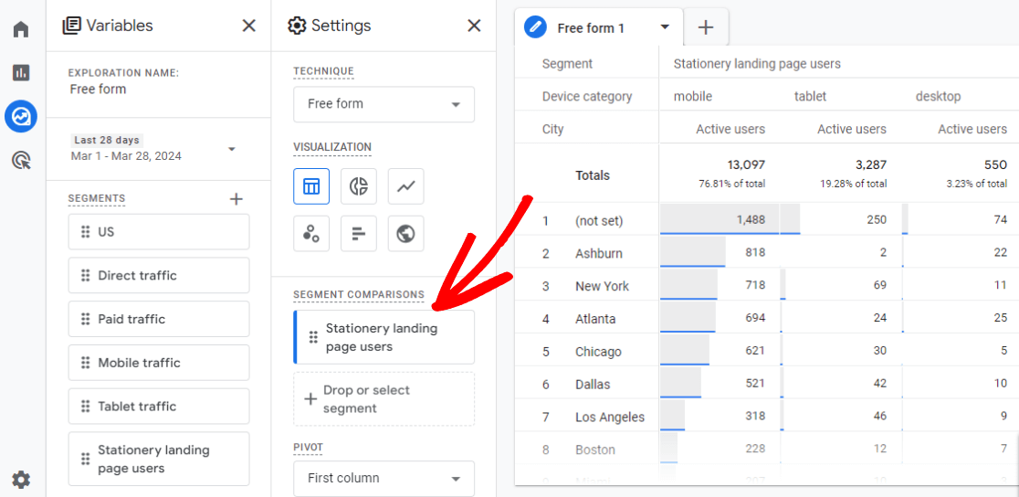 Segment applied to custom explore report