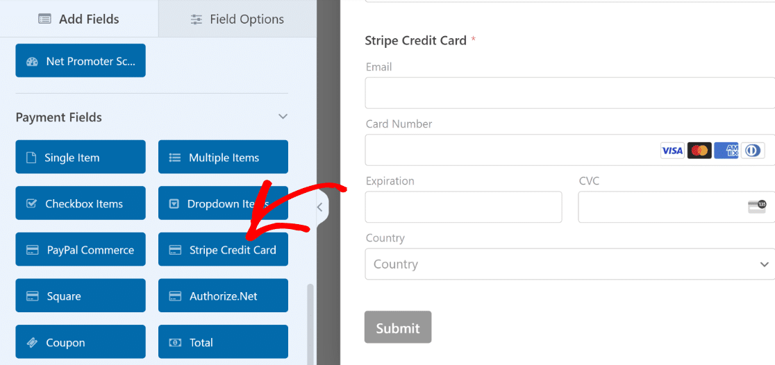 Add a Stripe credit card field to your form