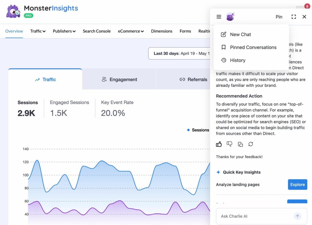MonsterInsights Charlie Chat header controls showing New Chat, Pinned Conversations, and History options in the hamburger menu, plus the Pin button