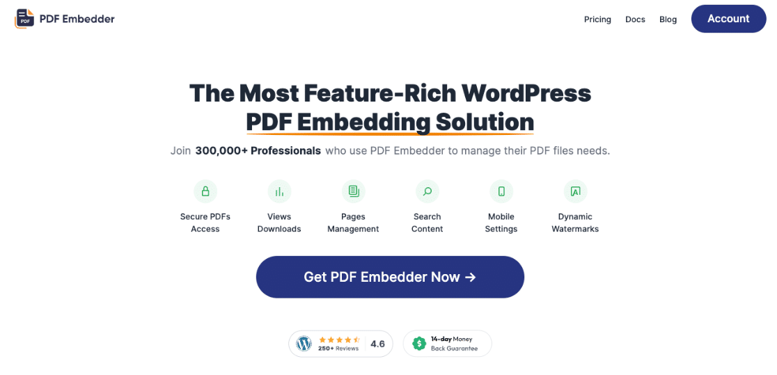 pdf-embedder-plugin - MonsterInsights PDF Embedder plugin homepage showing a clean PDF viewer with navigation controls