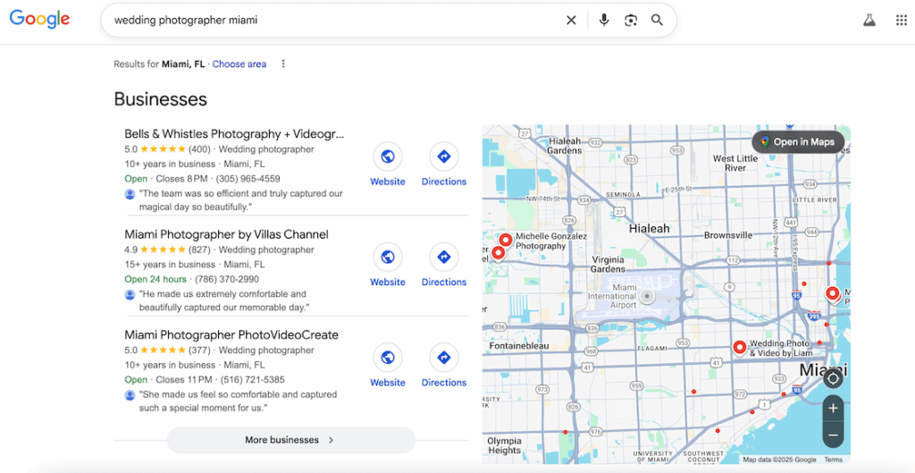 Local PPC example, wedding photographer miami