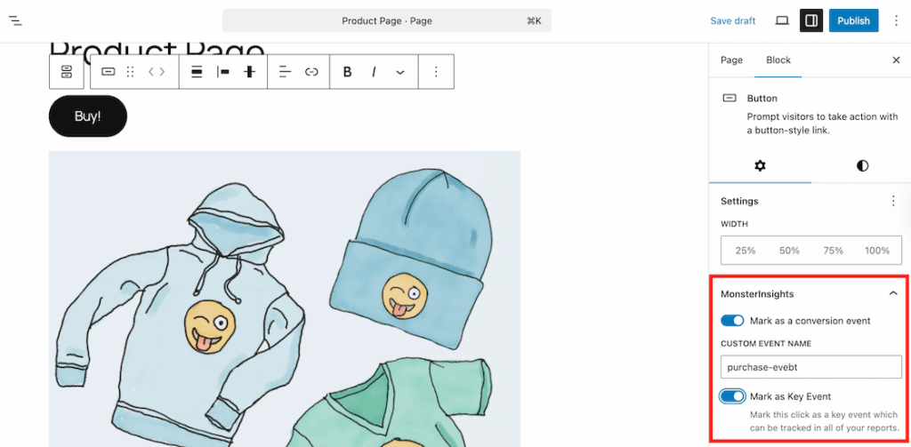 MonsterInsights Conversion Tracking settings in the block editor