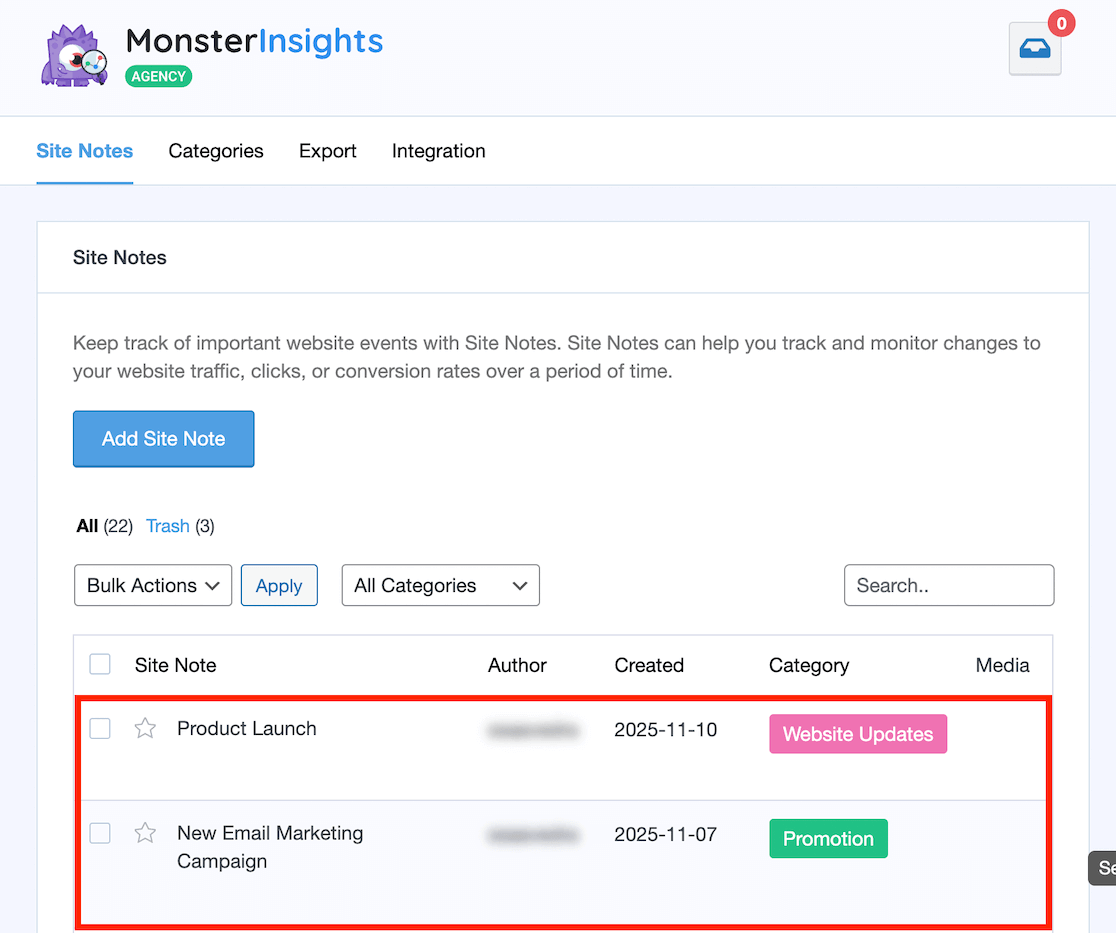 Site Notes added in MonsterInsights