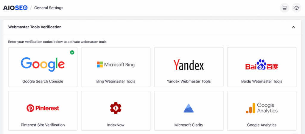 AIOSEO web master tools settings