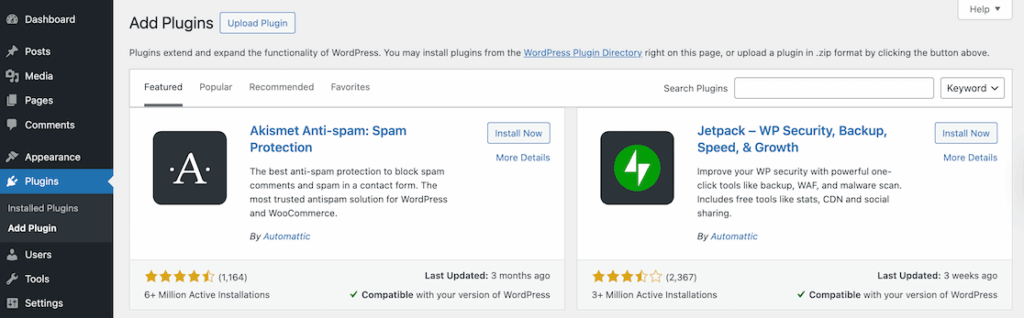 Add Plugin page WP Dashboard