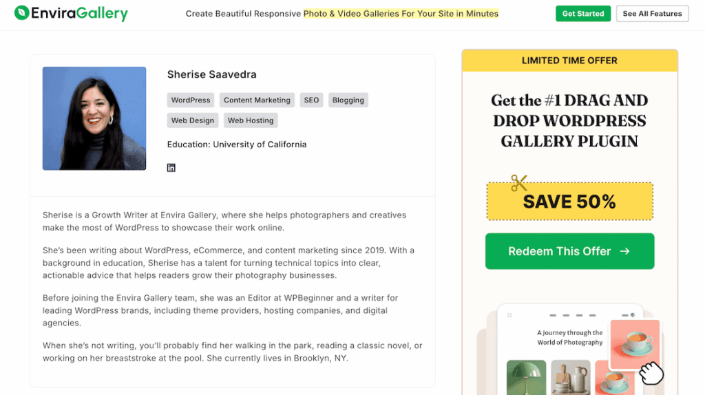 AIOSEO author bio example on Envira Gallery