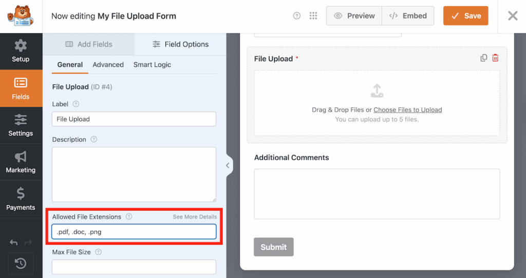 Allowed File Extensions in the General section for File Uploads - WPForms Form