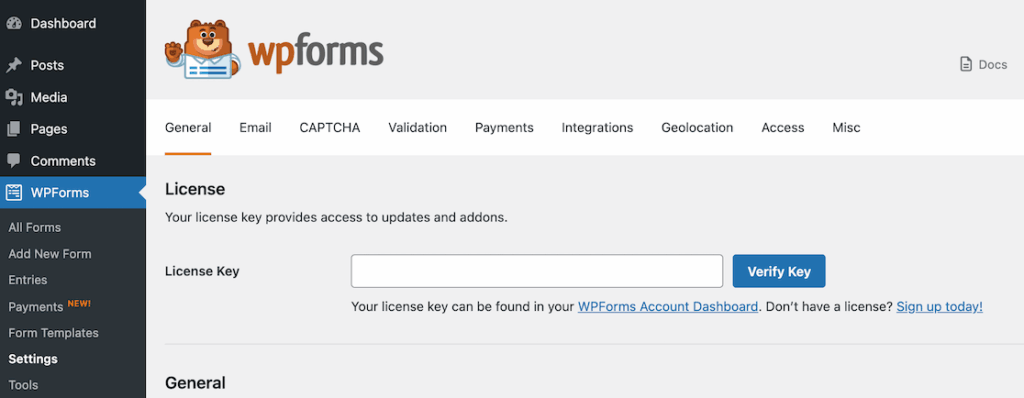 Entering the WPForms license key