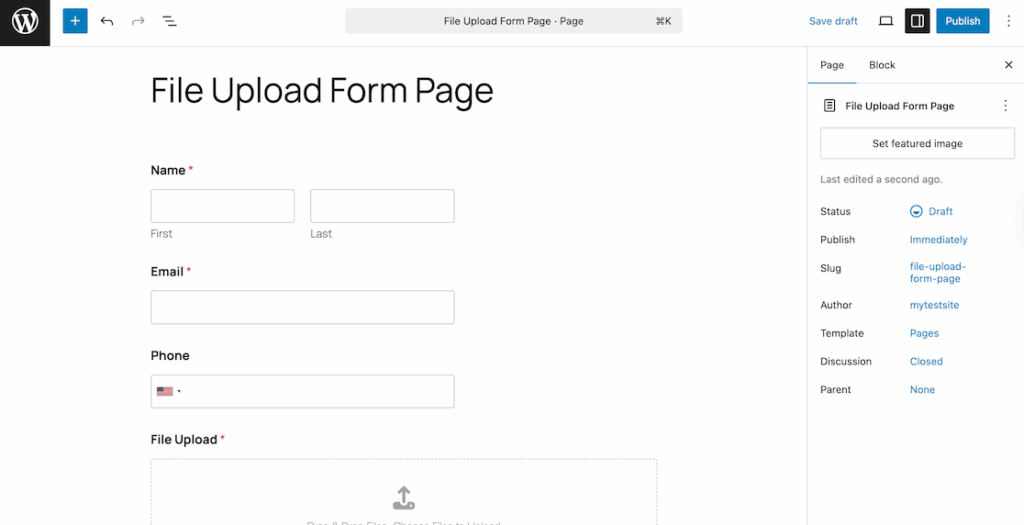 File Upload Form Page in the block editor
