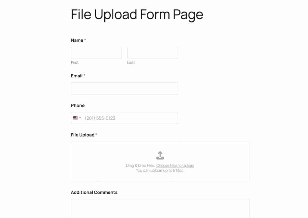 Preview of a File Upload Form on the WordPress frontend