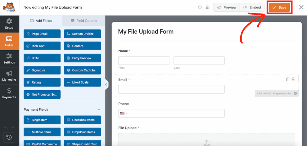 Save your File Upload Form in WPForms