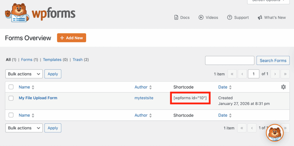 Selecting a WPForms shortcode