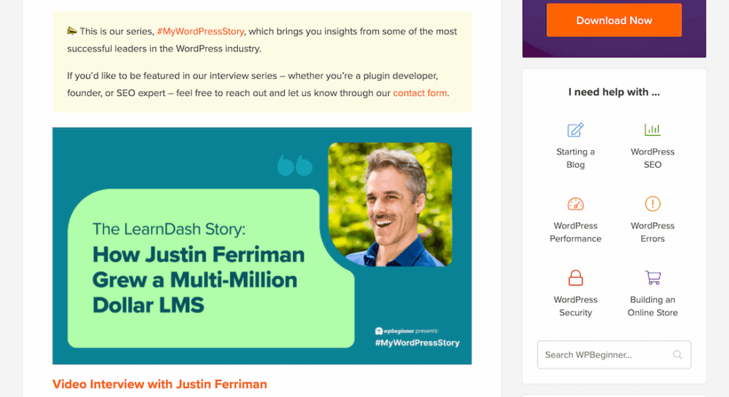 WPBeginner #MyWordPress story example - Justin Ferriman