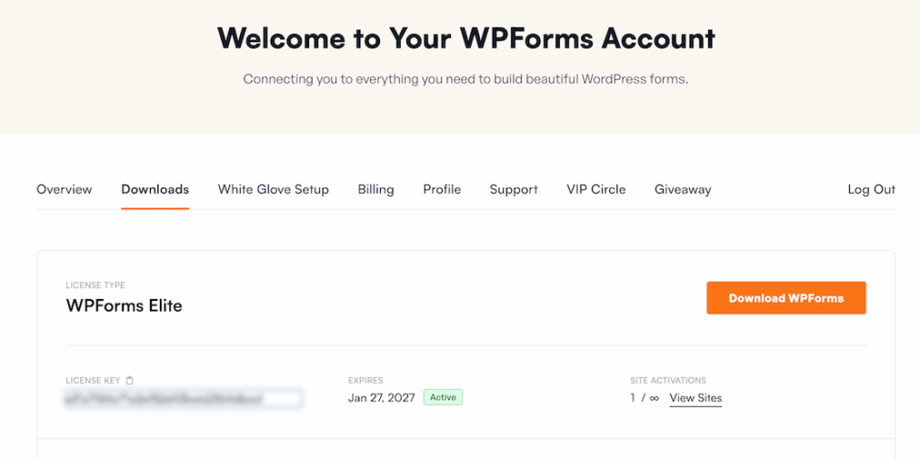 WPForms account page Downloads