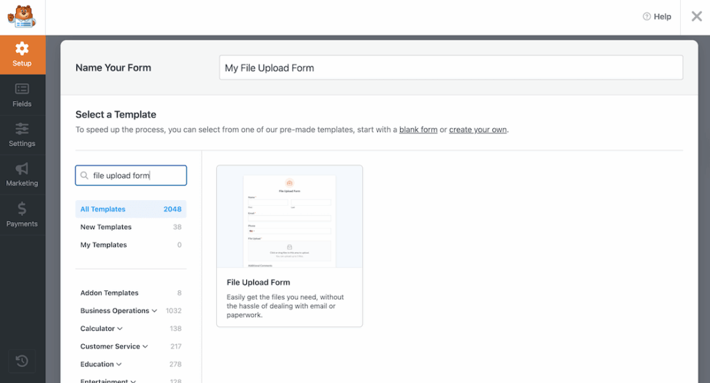 Selecting the File Upload Form Template in WPForms