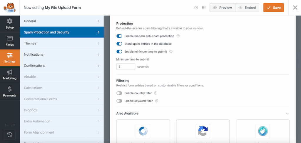 WPForms Spam Protection and Security Settings