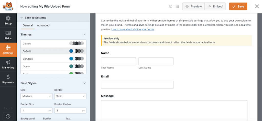 WPForms theme settings