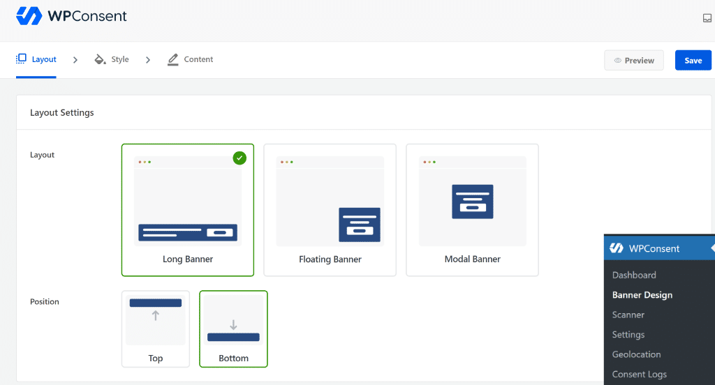 Editing a cookie banner layout in WP Consent