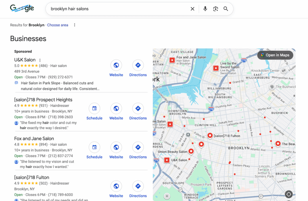 Google Business Profile example - salon