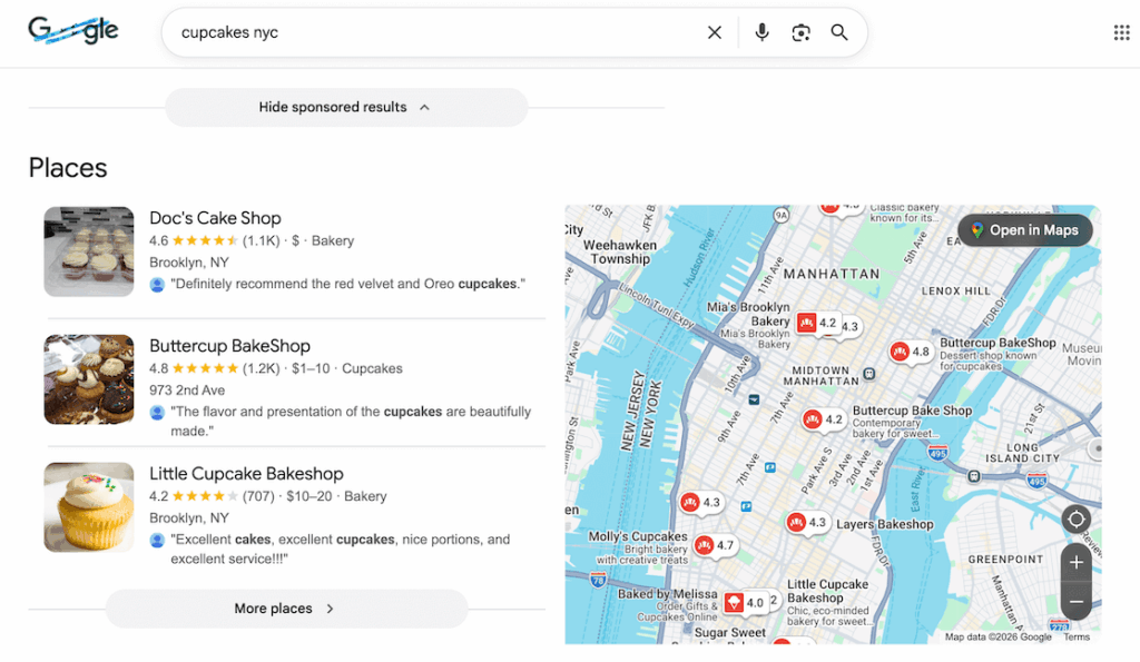 Local SEO example cupcakes