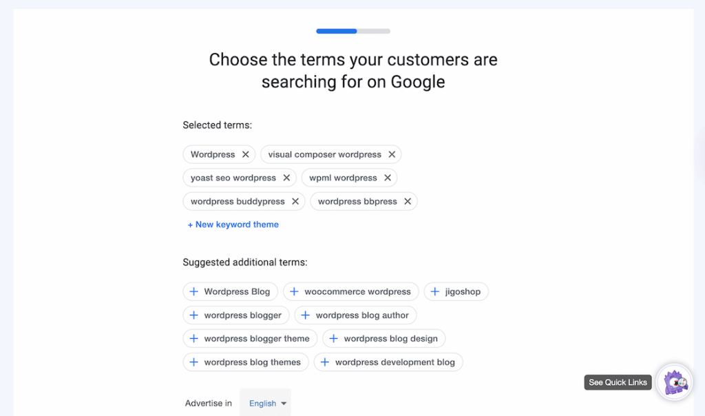 MI google ads setup choose terms