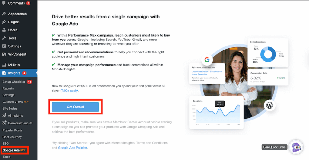 Mi Google Ads setup get started page