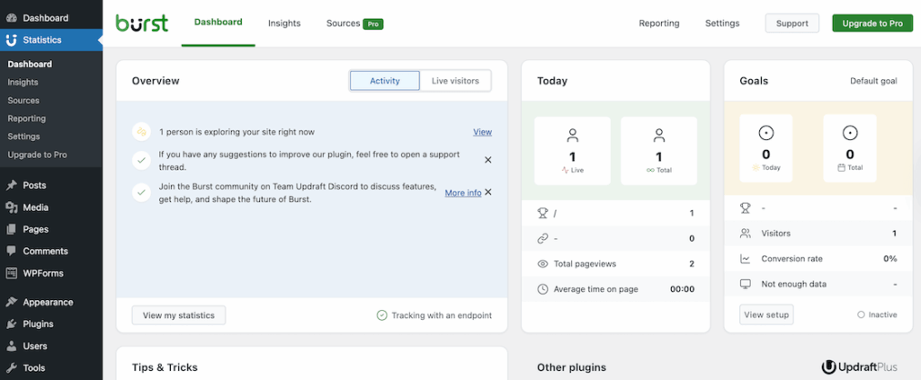 Burst Statistics dashboard