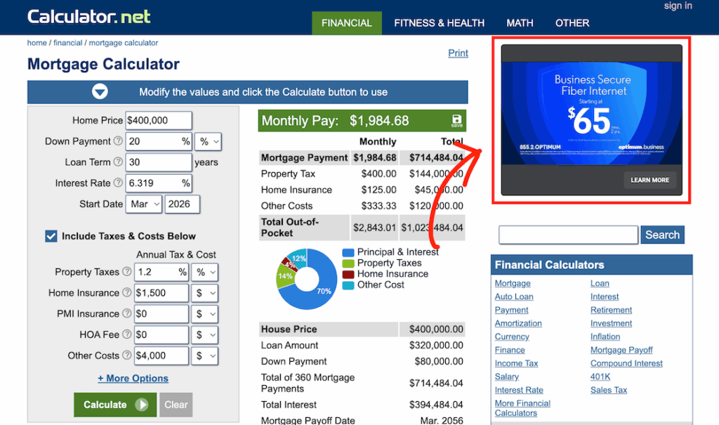 Free mortgage calculator with ads in the sidebar