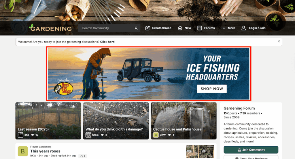 Gardening forum with ads in the header