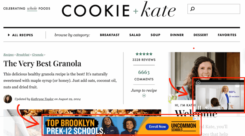 Recipe blog with Google adsense in the footer and pop ups