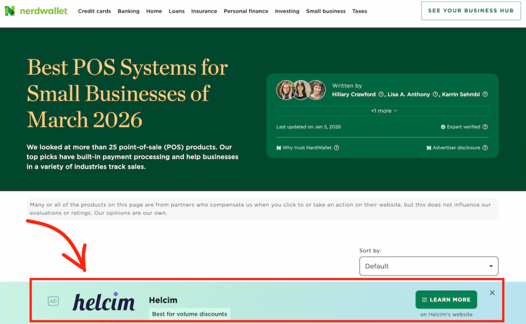 Finance comparison article with ads in the footer