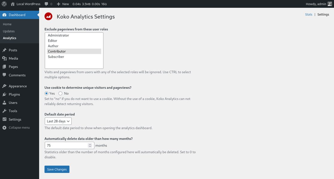 Koko Analytics settings screen