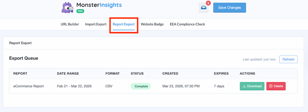 New report export tab MI