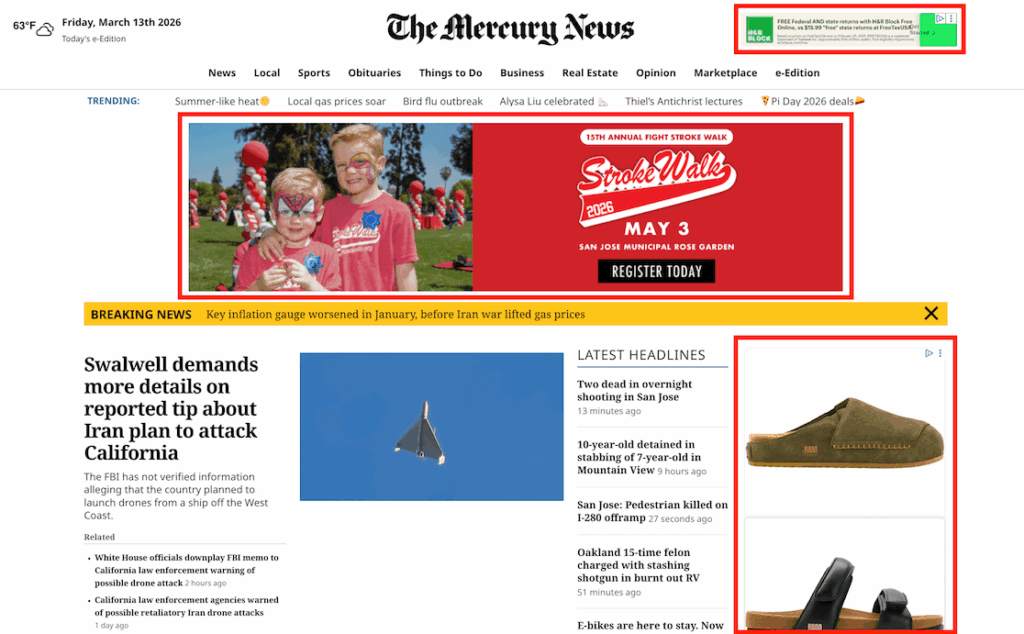An example of a news website with ads via Google Adsense in the sidebar and header