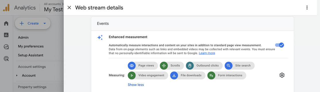 GA4 Enhanced Measurement settings panel in a web data stream