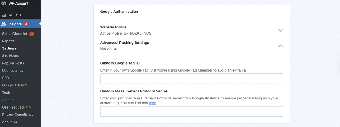 MonsterInsights Settings page showing connected GA4 property and Measurement ID