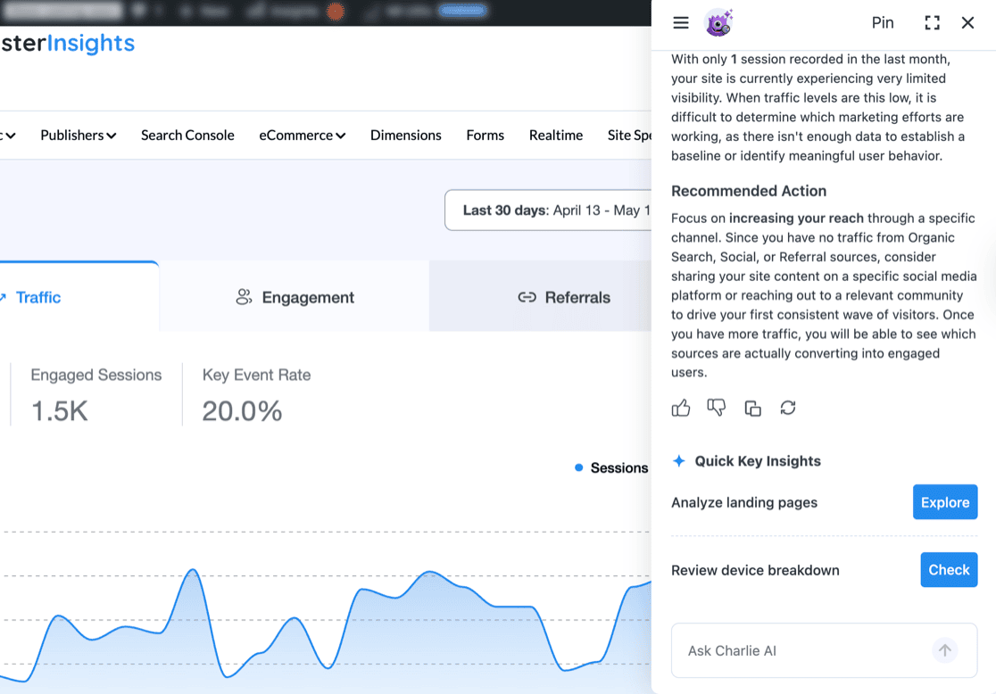 Charlie Chat showing a Recommended Action section and Quick Key Insights with Explore and Check buttons