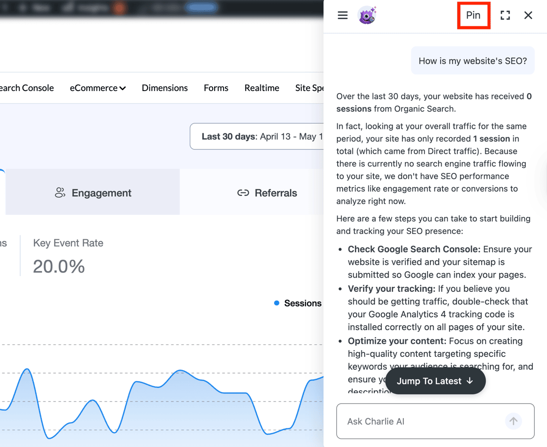 Charlie Chat response to 'How is my website's SEO?' with the Pin button highlighted in the top bar