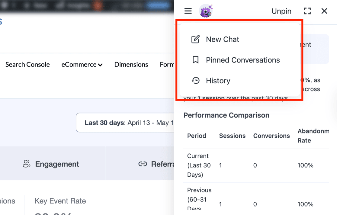 Charlie Chat menu open showing New Chat, Pinned Conversations, and History options
