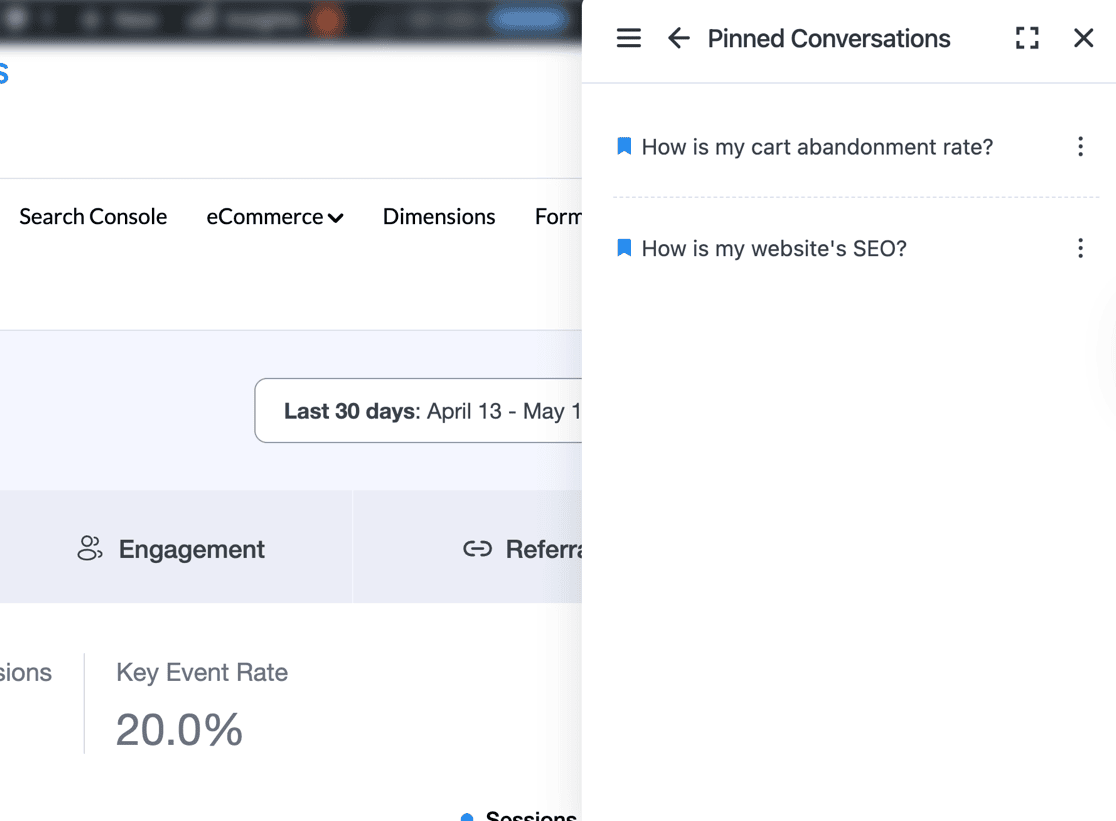 Charlie Chat Pinned Conversations view showing saved questions including cart abandonment and SEO queries