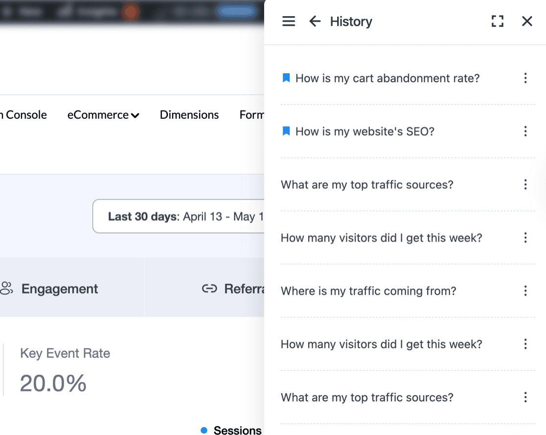 Charlie Chat History view showing a full list of past questions asked