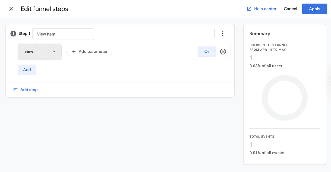 GA4 Edit funnel steps modal with Step 1 View Item configured using the view_item event