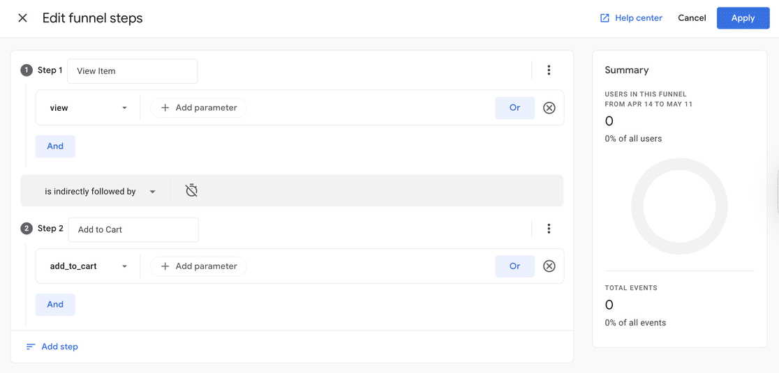 GA4 Edit funnel steps modal with Step 1 View Item and Step 2 Add to Cart configured