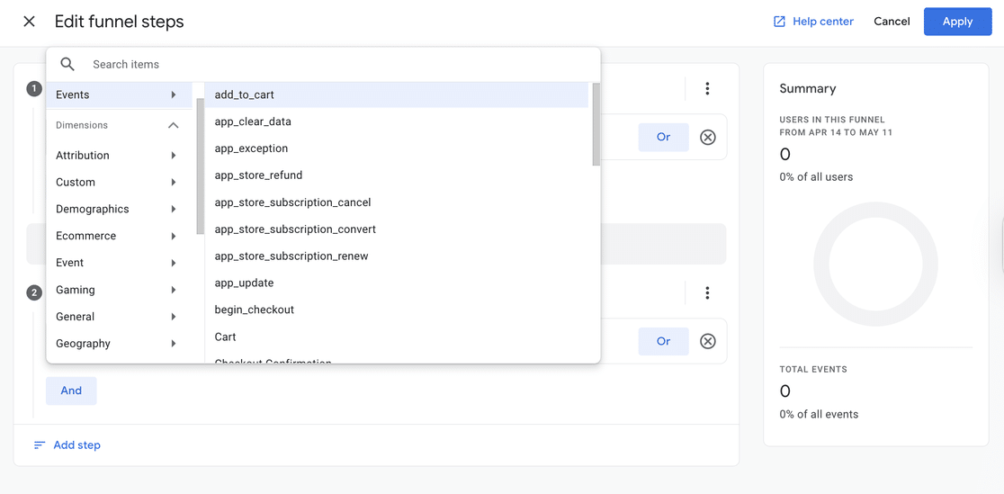 GA4 funnel step editor showing the event name dropdown with add_to_cart highlighted