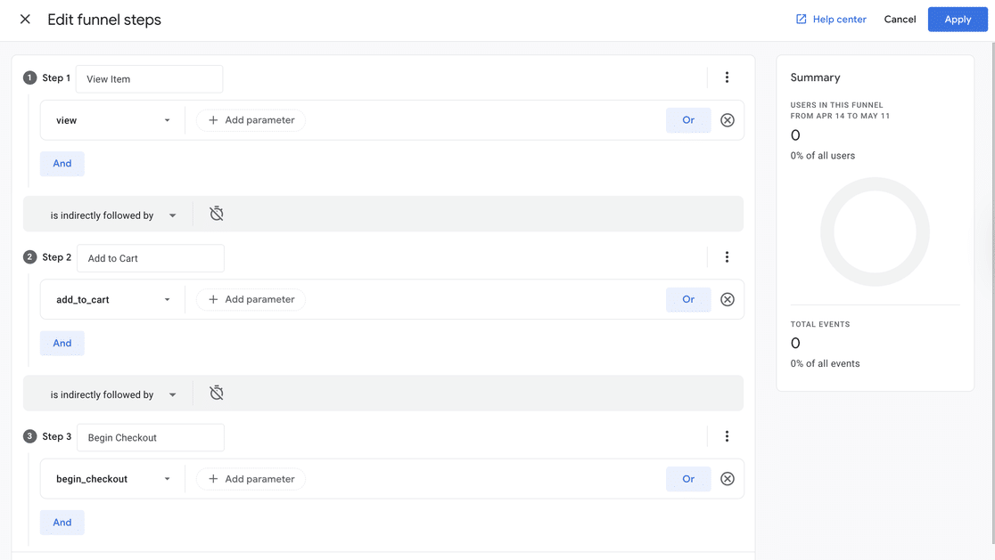 GA4 Edit funnel steps modal with Steps 1 through 3 configured: View Item, Add to Cart, and Begin Checkout