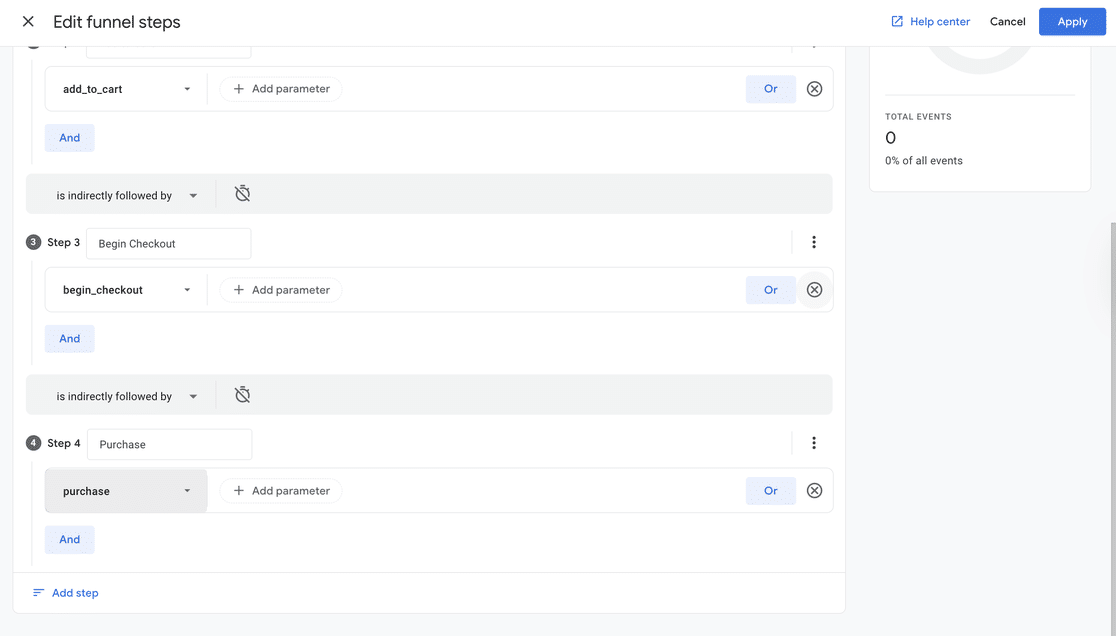 GA4 Edit funnel steps modal showing all 4 steps configured: View Item, Add to Cart, Begin Checkout, and Purchase