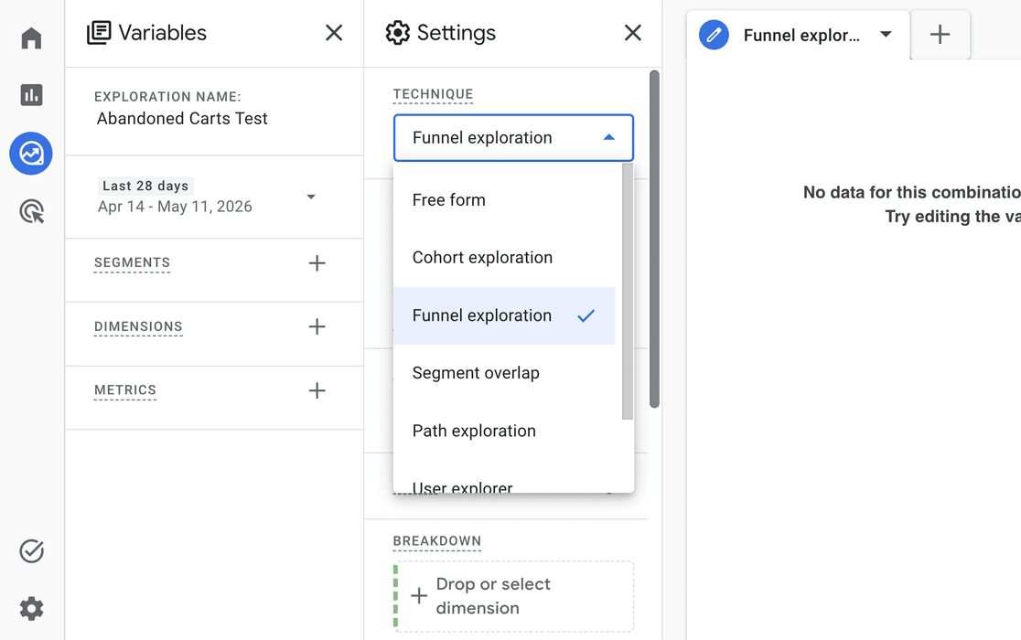 GA4 Settings panel with Funnel exploration selected in the Technique dropdown